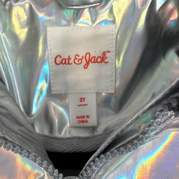 Cat & Jack Girls/Unisex Kids Rainbow Metallic Rain Jacket  Sz 2T | Hood Pockets - Picture 3 of 6
